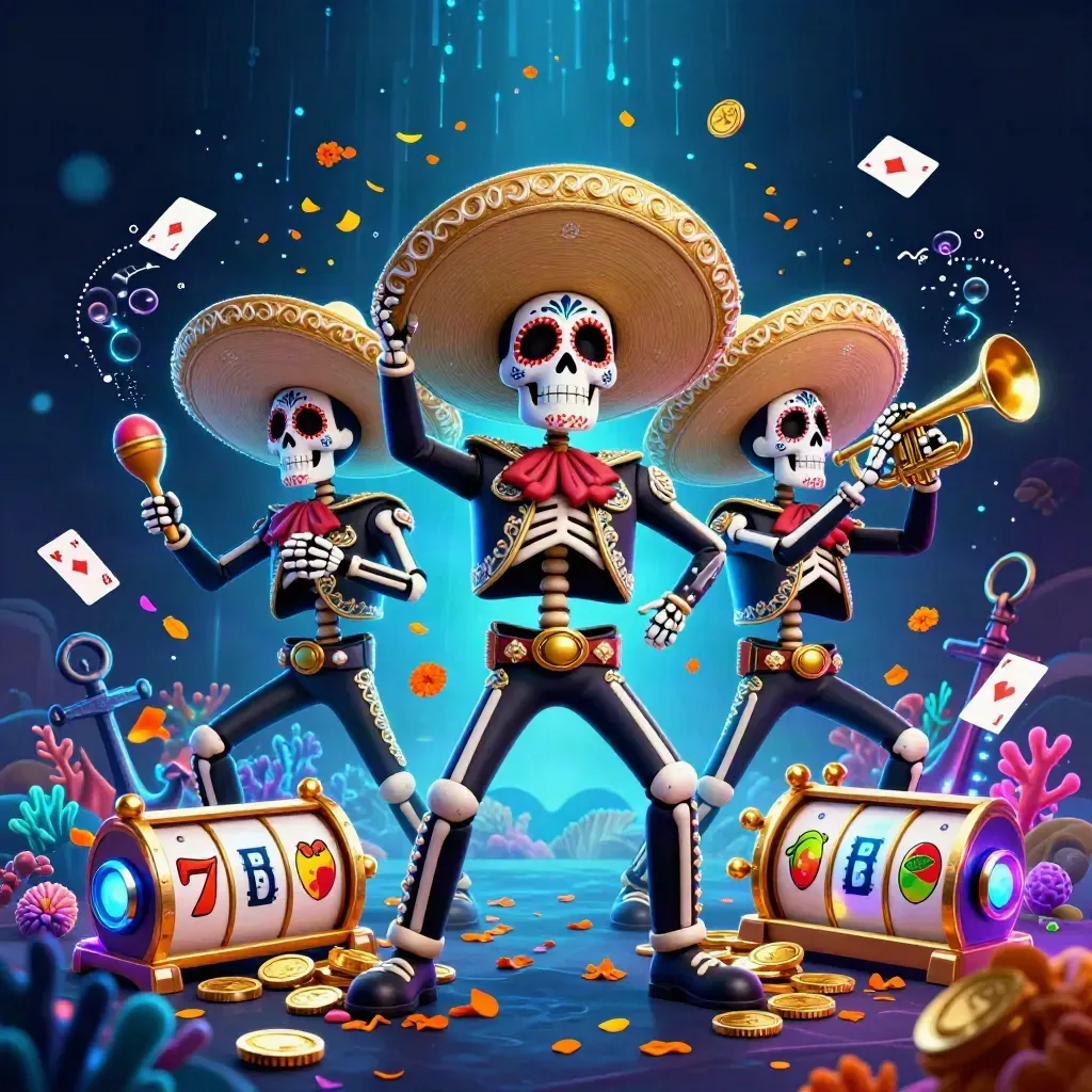 Day-of-the-Dead mariachi skeleton trio in a neon treasure cove with coins, coral, cards, and cyan sparks