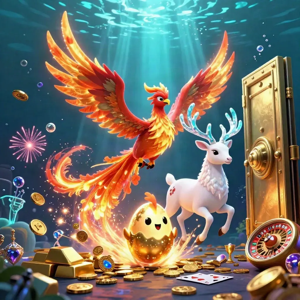 Phoenix, hatchling, and crystal-antler stag burst from a glowing treasure vault with coins and fireworks