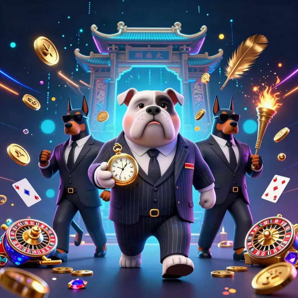 Bulldog boss with two Dobermans amid coins, fireworks, temple gate, and neon casino energy.