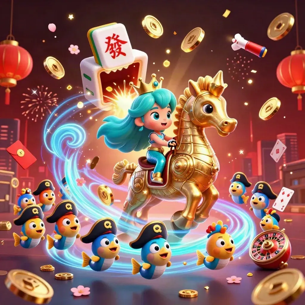 Mermaid princess on a golden seahorse amid coins, lanterns, fireworks, and casino treasure