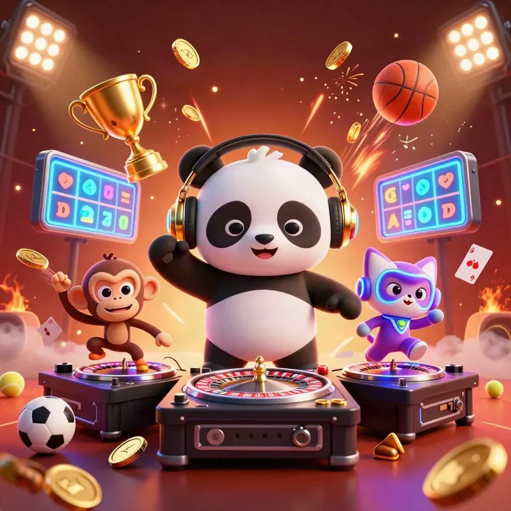 DJ panda, monkey, and glow kitten in a fiery casino celebration with coins, trophy, and sports balls