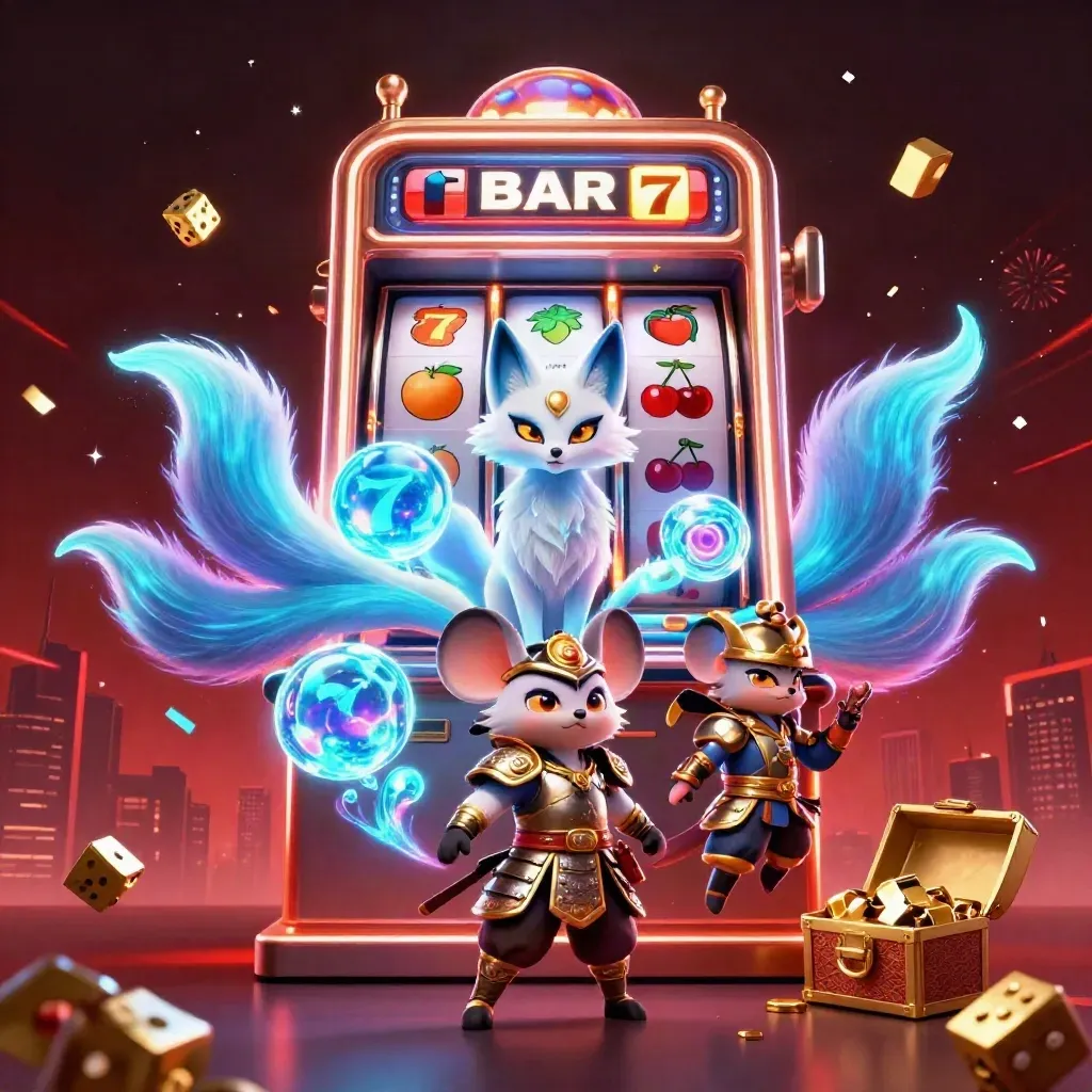 Neon nine-tailed fox spirit and armored mouse amid exploding slot reels, jackpots, and gold.