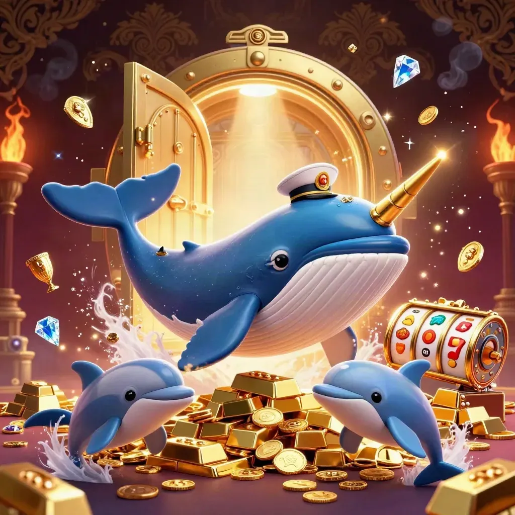 Whale captain, narwhal, and dolphins burst through coins with casino reels, vault light, and blue-cyan glow.