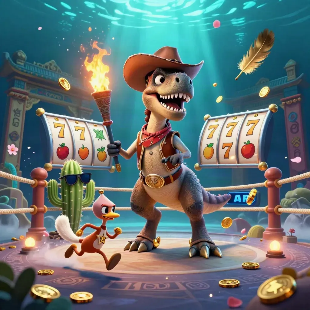 Cowboy T-Rex trio in a neon casino scene with temple gate, reels, coins, runes, and blue god-rays.