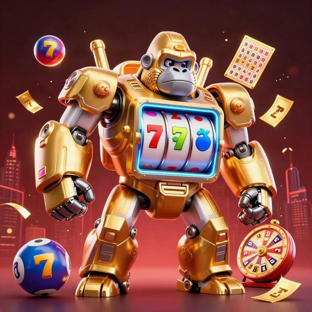 Golden gorilla slot mech with monkey pilot, jackpot effects, prize wheel, and casino debris
