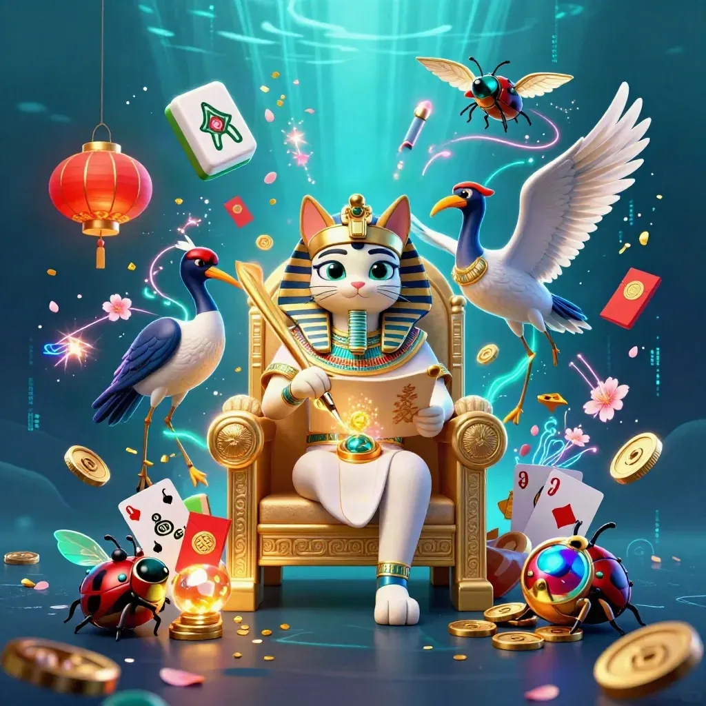 Pharaoh cat, ibis scribe, and gem-wing scarabs amid casino treasures and neon effects