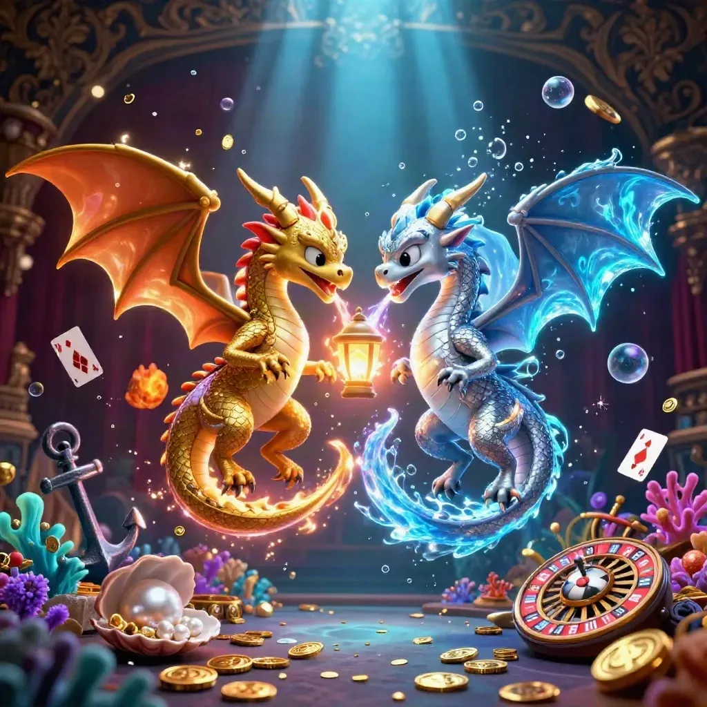 Twin gold and silver dragons spiral in a glowing treasure cove with coins, cards, and bubbles.