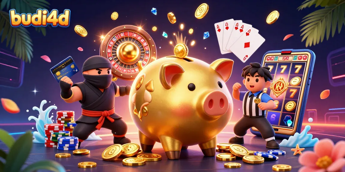 Budi4d showcases a dynamic scene with a golden piggy bank sumo wrestler in action, surrounded by casino elements.