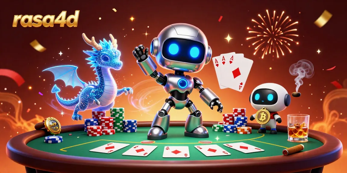 Rasa4d menang di meja bermain poker dengan robot dan naga holografik.