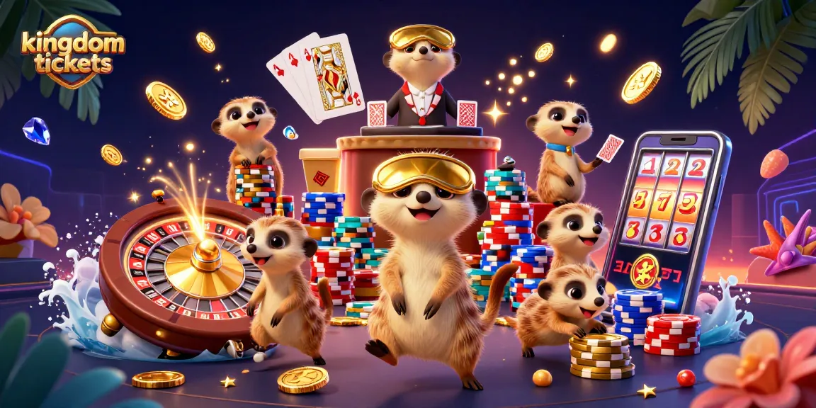 Merek kingdomtickets memimpin casino dinamis dengan meerkat beraksi, menghasilkan tumpukan chip dan koin bersinar.