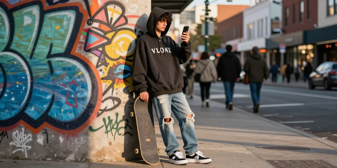 Urban streetwear look featuring a person in a Vlone hoodie, showcasing trendy fashion and lifestyle.