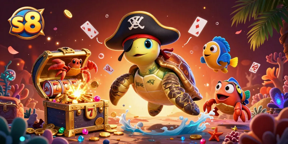 Engage in thrilling gameplay as s8 players uncover treasures with a pirate turtle, crab, and parrotfish.