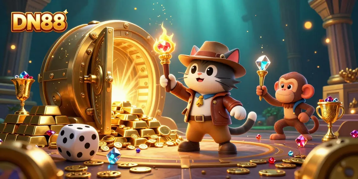 Engage with DN88 in a vibrant 3D scene featuring a cat archaeologist and a monkey among casino treasures.