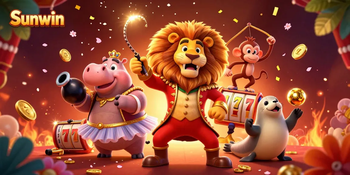 Spin and win at Sunwin with a lively circus scene featuring whimsical characters and casino elements.