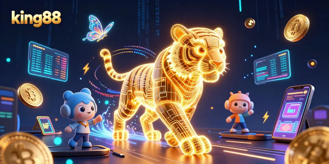 Experience king88's thrilling casino adventure with a neon-wireframe tiger illuminating the digital landscape.