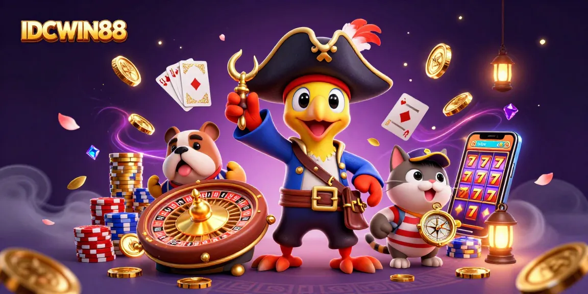 Experience thrilling gaming action at IDCWIN88 with pirate-themed characters amidst dazzling casino elements.