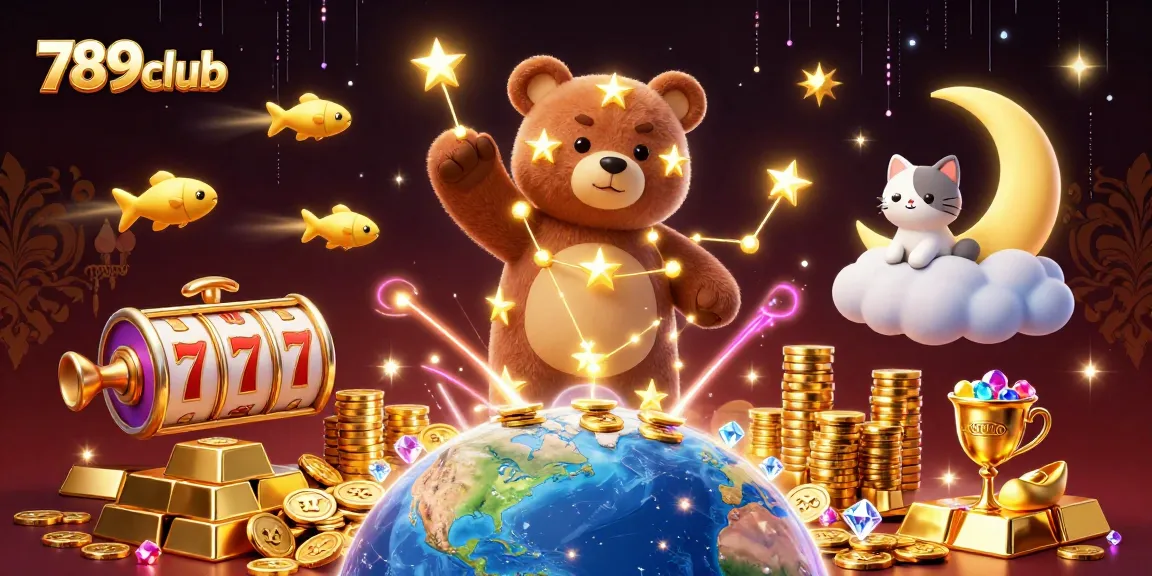 Win big with 789club as the constellation bear reaches for coins in an electrifying casino scene.