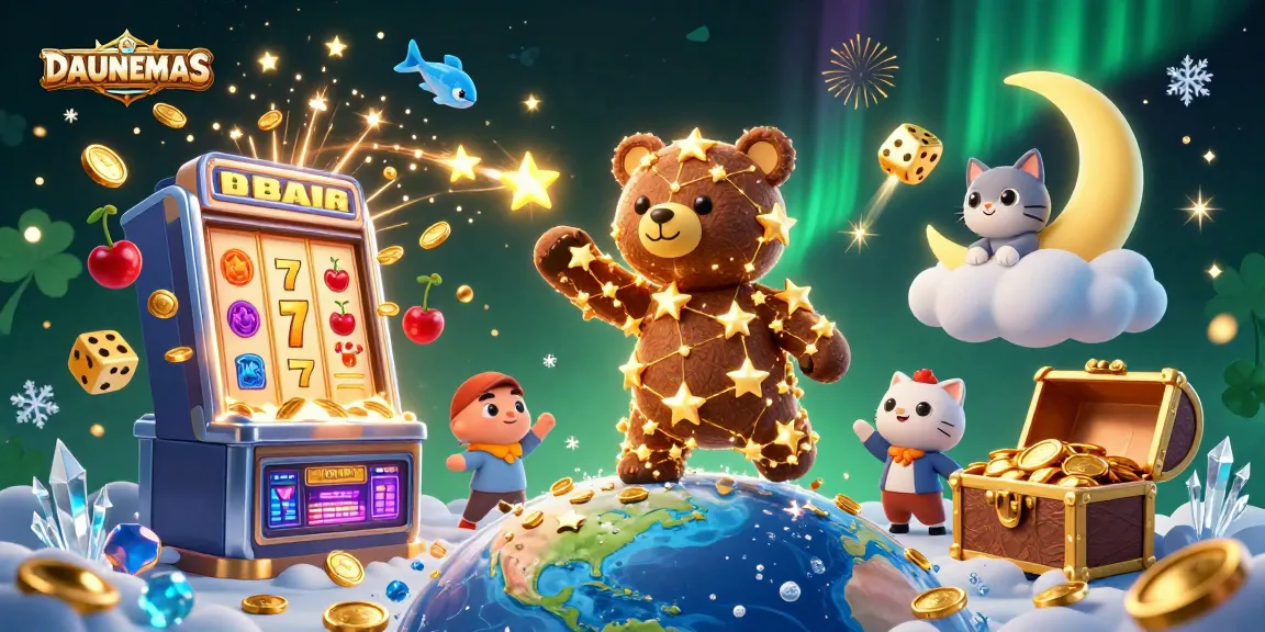 Engage in winning strategies with DAUNEMAS as a constellation bear scoops coins in a vibrant casino scene.