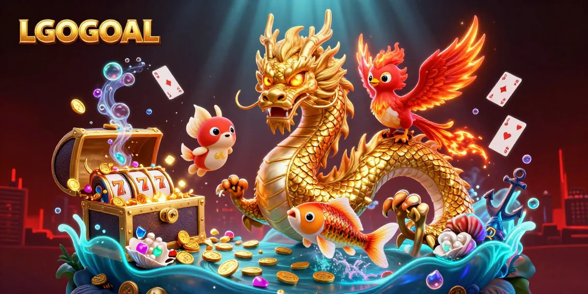 Experience the excitement of LGOGOAL with a dragon, phoenix, and koi fish in a rich casino underwater scene.