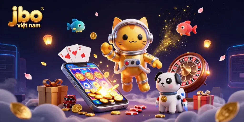 Engage with thrilling games at jbo việt nam, featuring a vibrant 3D illustration of online casino elements.