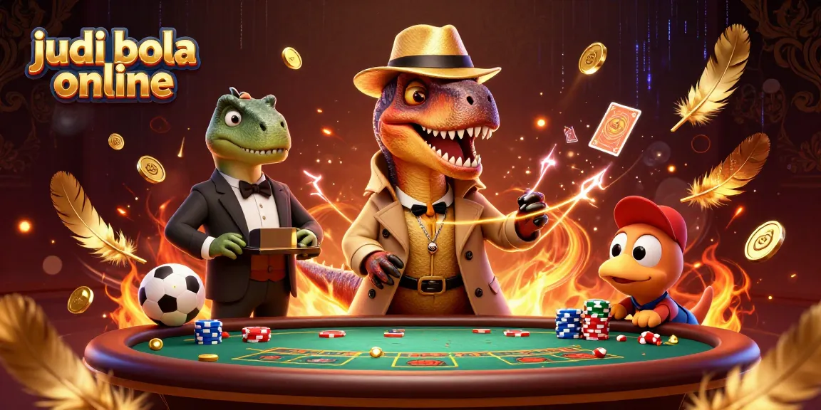 Experience judi bola online betting with a playful velociraptor at a blackjack table in a dynamic casino scene.