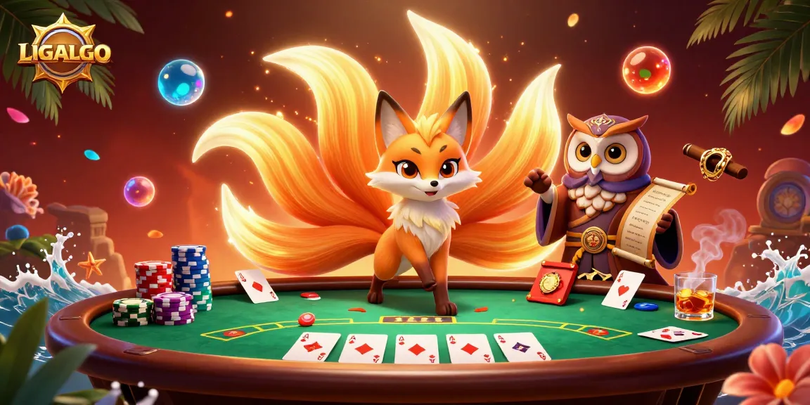 LIGALGO showcases a vibrant poker scene with mystical characters and dynamic gambling elements.