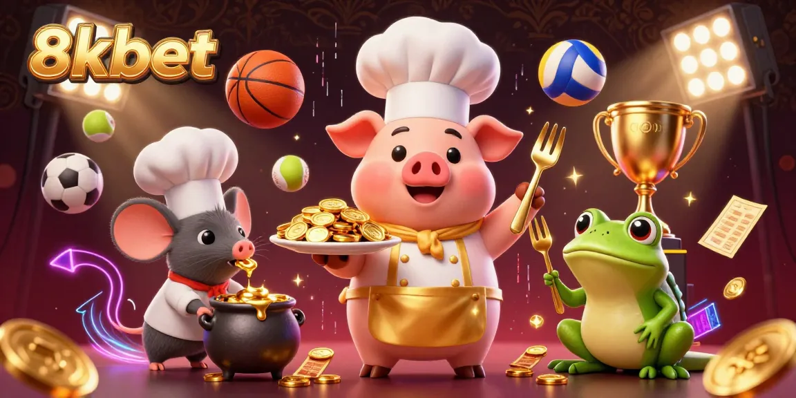 Experience the thrilling 8xbet casino with the chef pig presenting gold coins amidst vibrant sports elements.