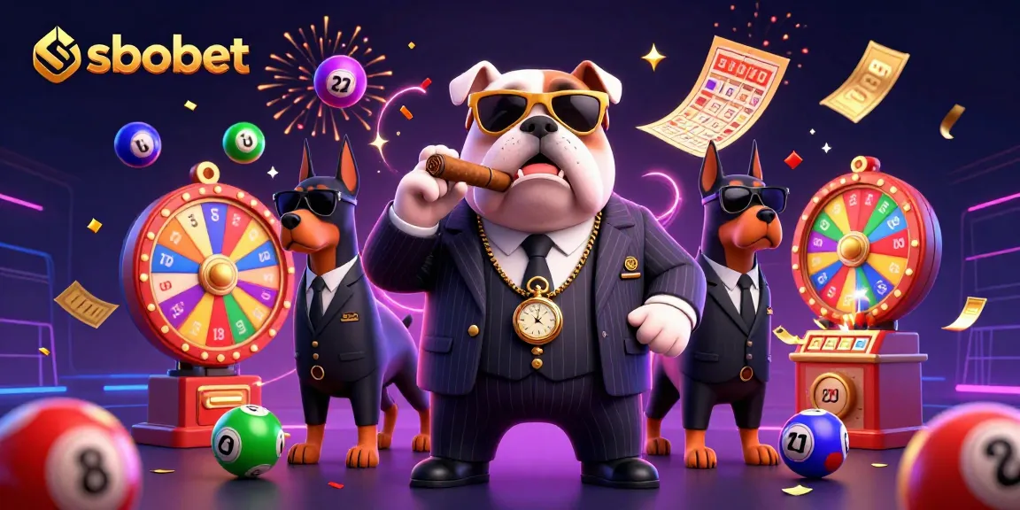 Bet on sbobet with a vibrant scene featuring a mafia bulldog and lottery elements in dynamic illustration.