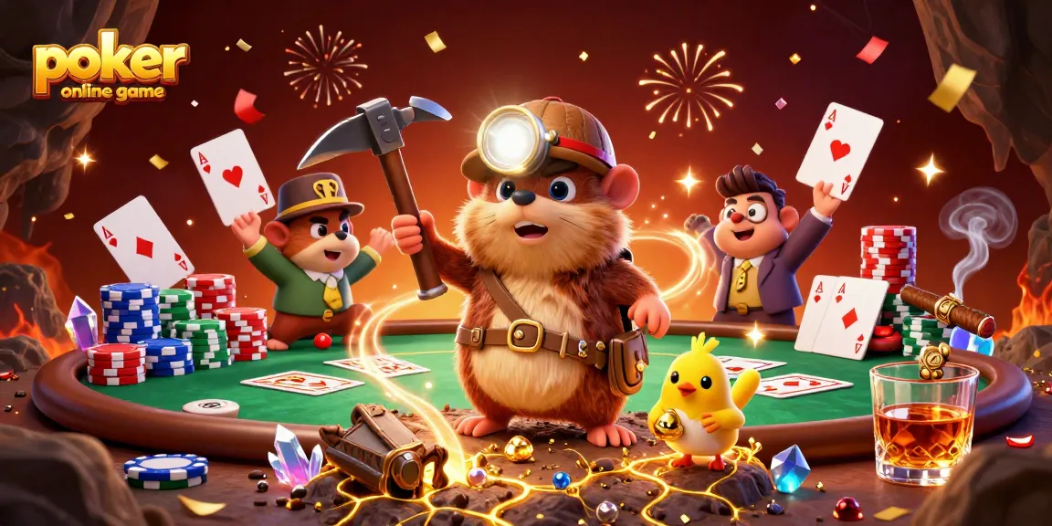 Engage in exciting poker online game action with a treasure hunter mole and canary in a vibrant scene.