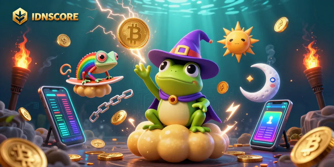 IDNSCORE invites players to enjoy a vibrant and magical gambling experience filled with coins and colorful characters.