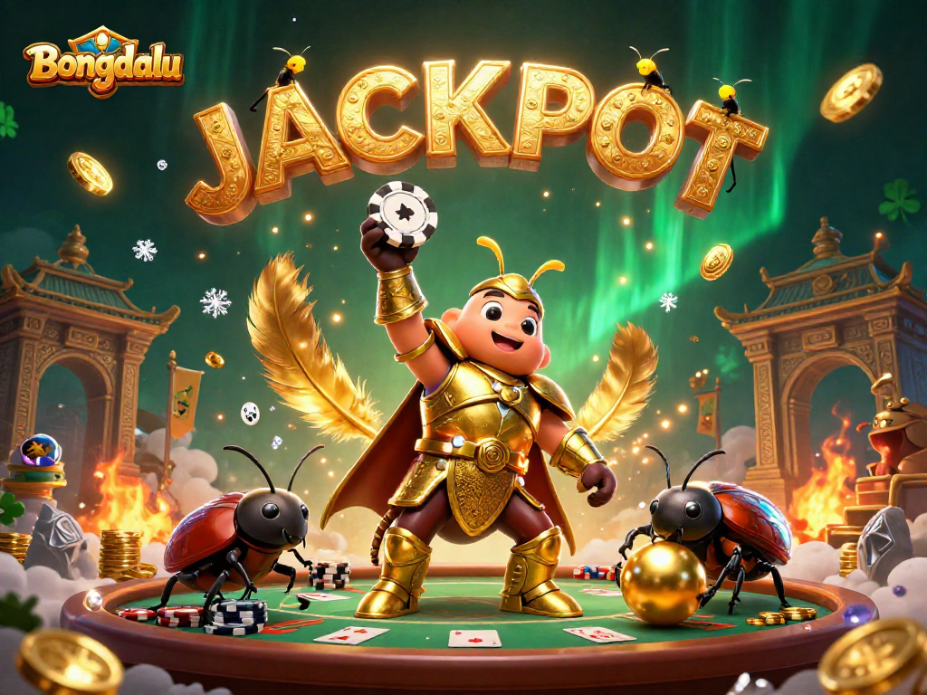 Bongdalu brings excitement with a heroic beetle championing poker chips at a vibrant casino scene.