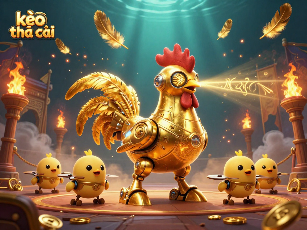 Experience the excitement of kèo nhà cái with a futuristic golden rooster robot, visualizing dynamic betting and gaming.