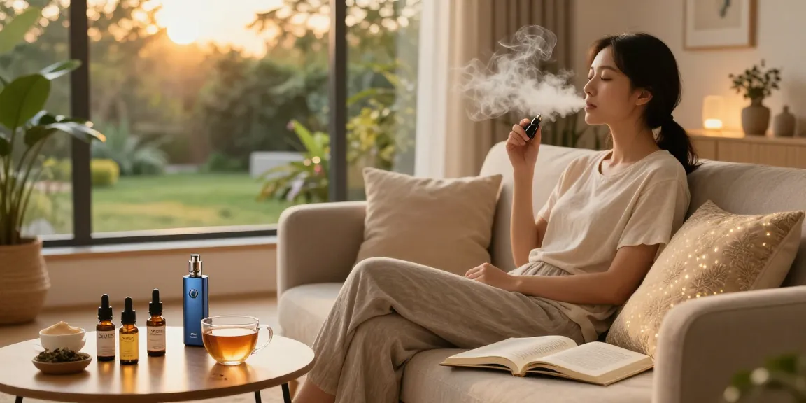 Lost Mary BM6000 vape device used in a relaxing wellness routine with CBD oil, promoting natural health benefits and tranquility.
