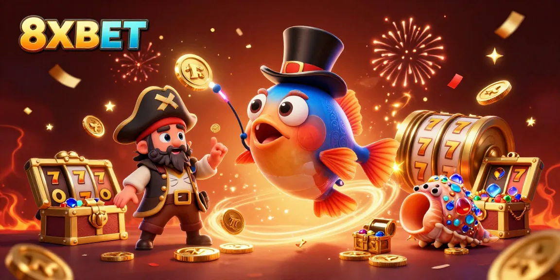 Win big at 8XBET with a thrilling 3D scene featuring a dazzling anglerfish luring golden treasures.