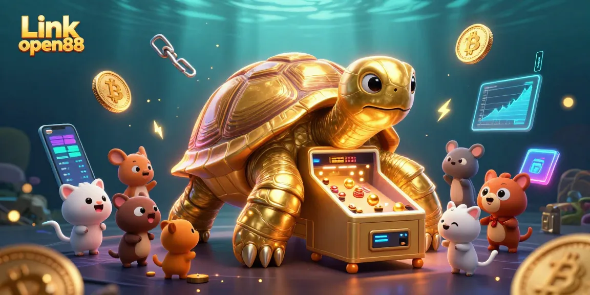 Experience top gaming thrills with the Link open88, featuring a dazzling tortoise pinball machine amidst glowing crypto elements.