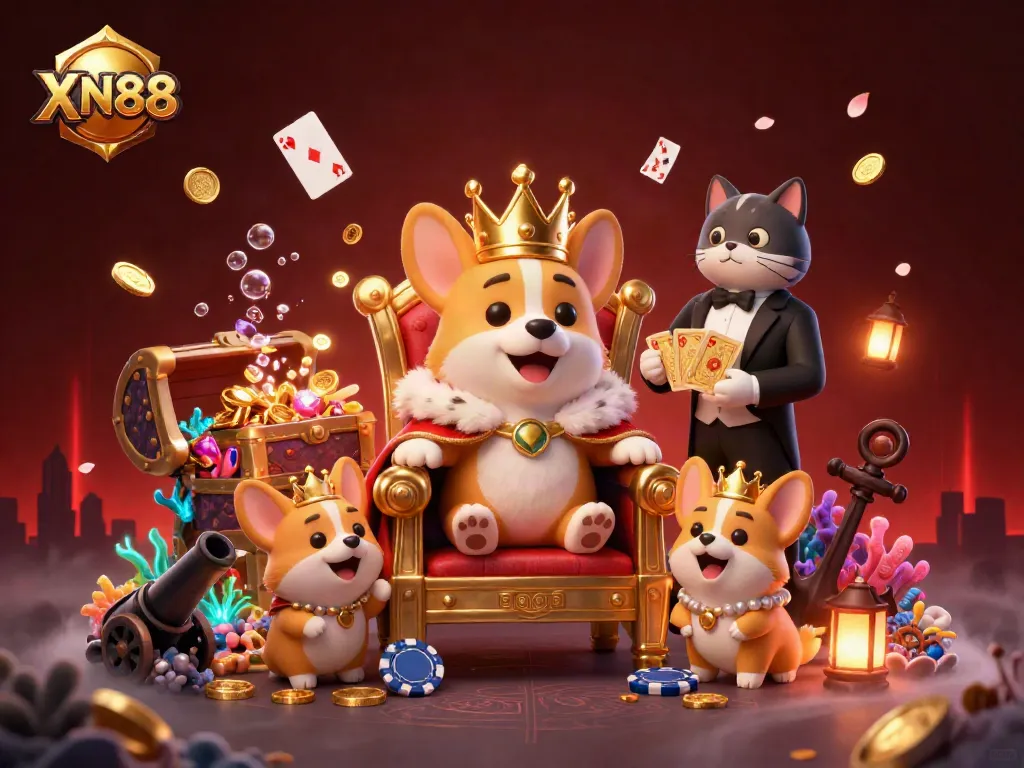 Experience XN88 with vibrant royalty-themed casino elements featuring a corgi on a throne of poker chips.