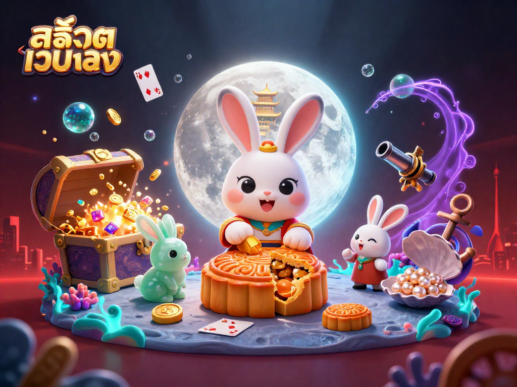 Spin the reels at สล็อตเว็บตรง while enjoying a whimsical 3D scene of moon rabbits and casino treasures!