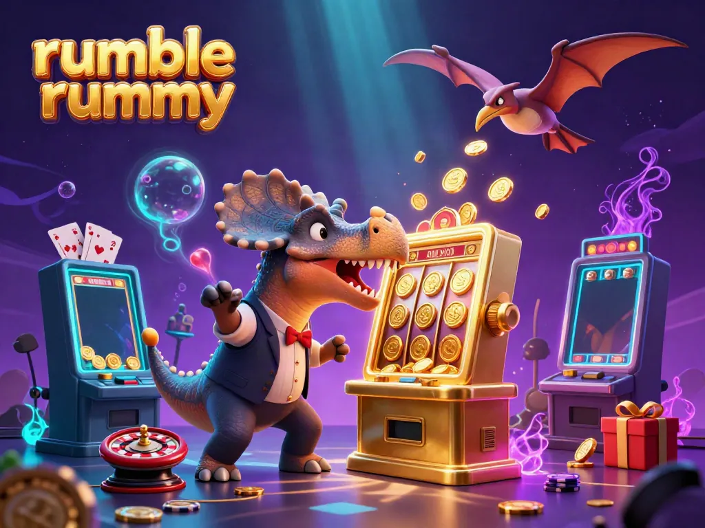Experience the excitement of rumble rummy with a pachycephalosaurus celebrating a jackpot.
