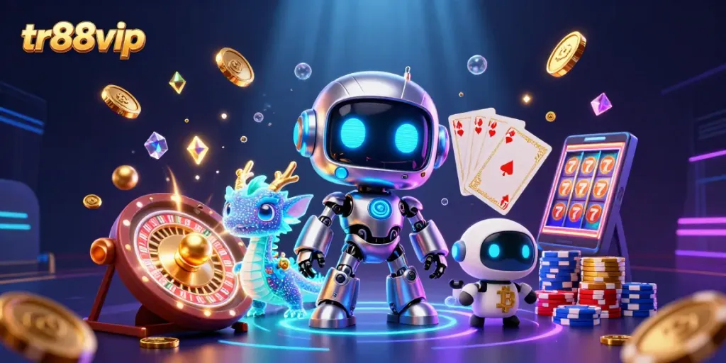 Engage in thrilling gaming at tr88vip with a vibrant 3D illustration of casino elements.