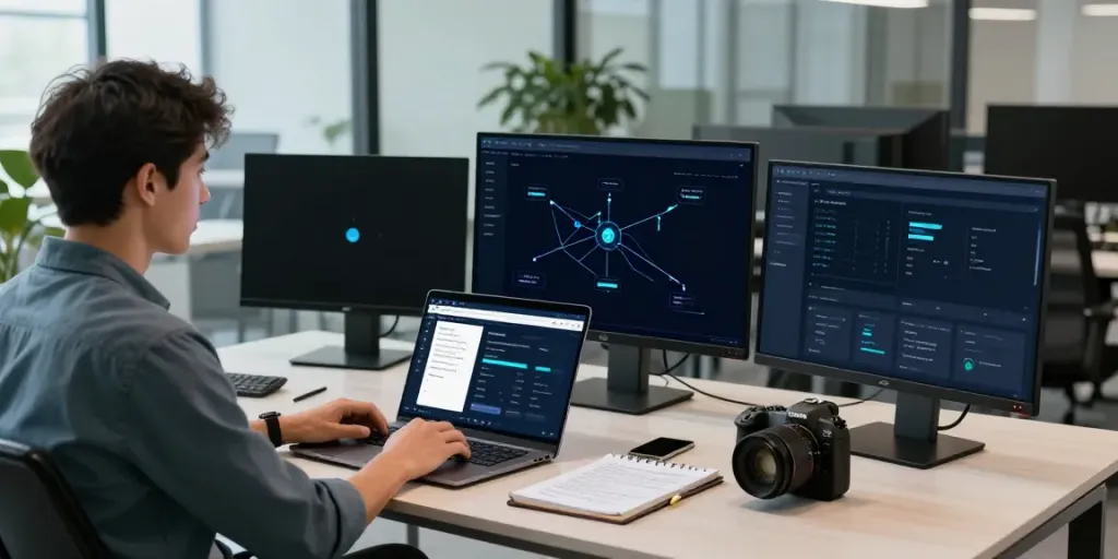 VPN service workspace with expert analyzing server connections and cybersecurity metrics at https://jago108.com/ with modern tech decor.