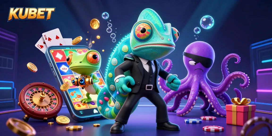 KUBET showcases vibrant 3D cartoon characters celebrating casino slots and games with colorful elements.