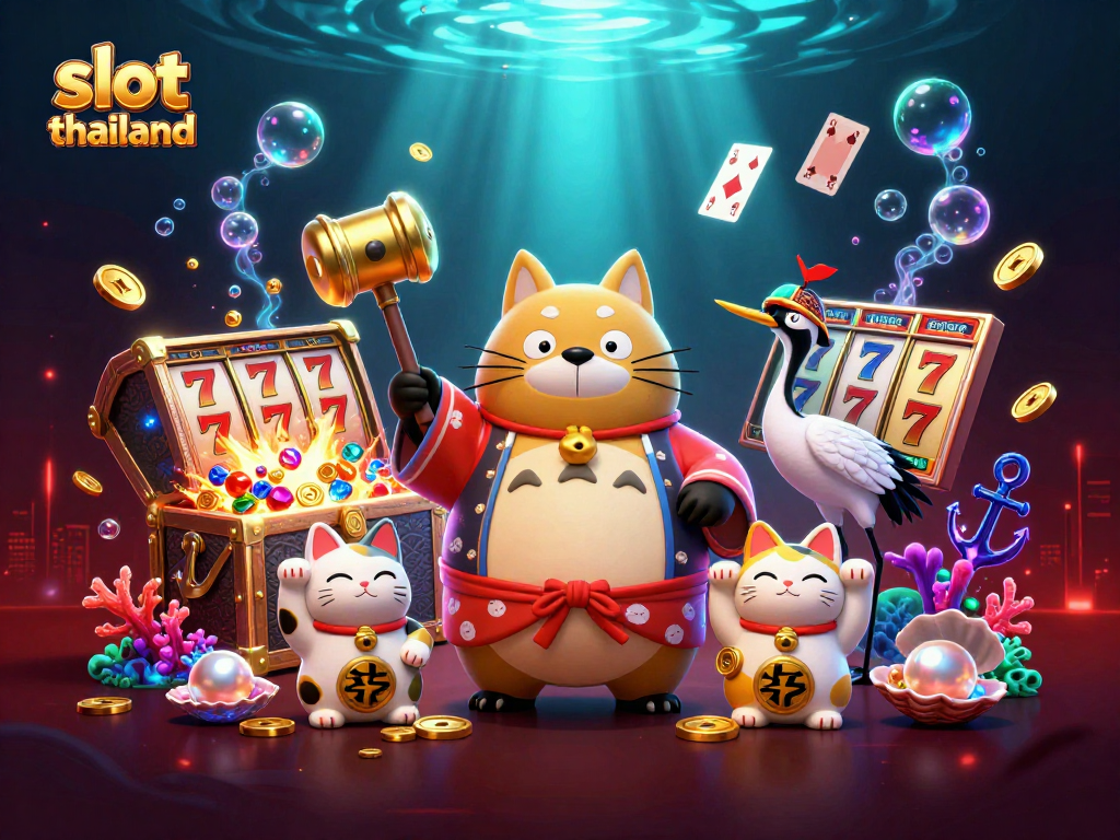 Spin to win at slot thailand with the cheerful tanuki in a festive scene of jackpot excitement.