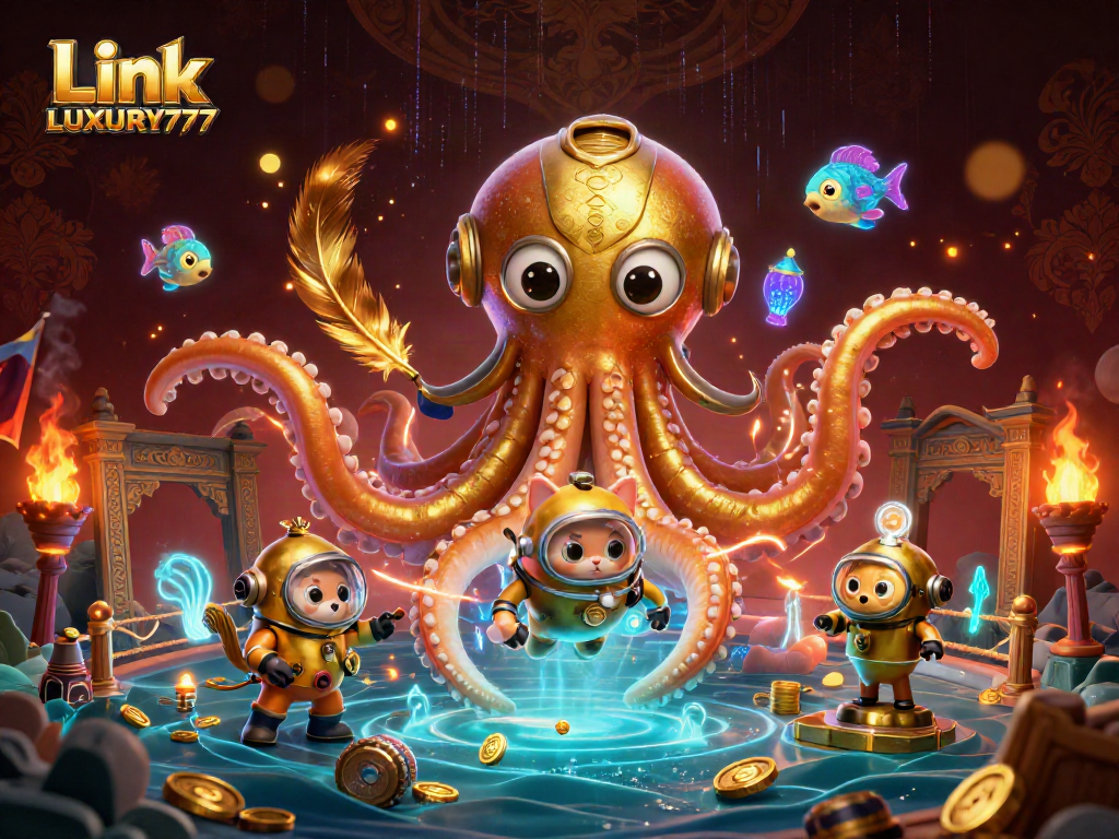 Taruhan seru di Link LUXURY777 dengan kraken akbar dan kucing penyelam yang beraksi.