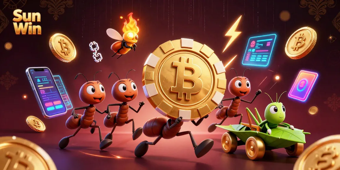 Experience the thrill of Sun Win with a dynamic heist scene featuring cartoon ants and crypto elements.