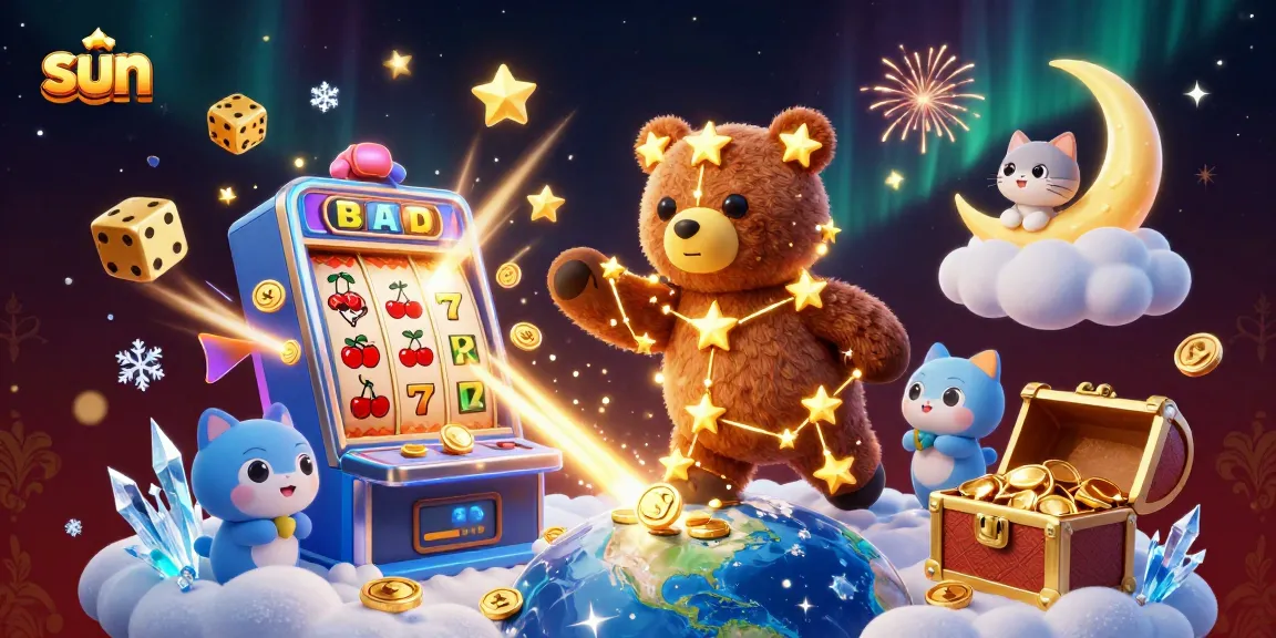 Engage with sun-themed casino action featuring a constellation bear and slot machine bursting with coins.