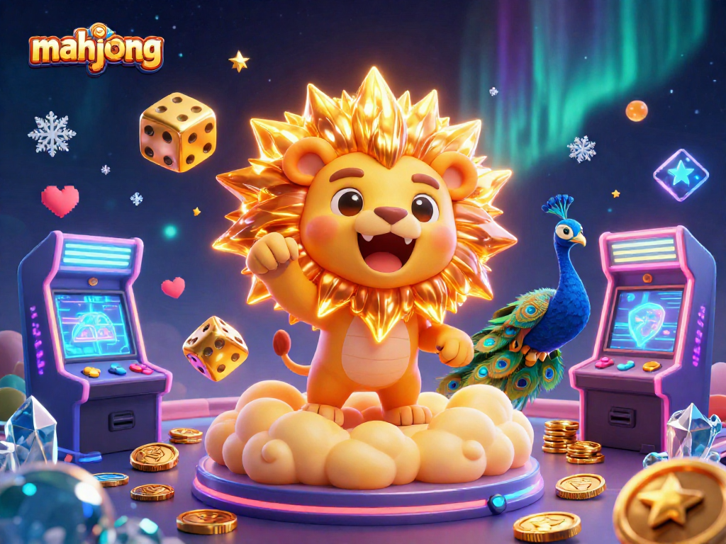 Experience the thrill of mahjong slots as colorful game elements fly around a victorious sun lion.