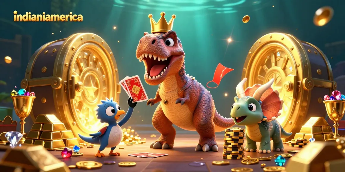 Play exciting games at indianiamerica with T-Rex dealing cards and triceratops stacking chips.