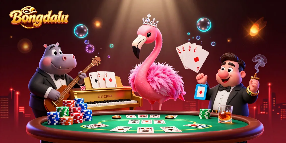 Bongdalu showcases a vibrant casino scene with a flamingo singer, hippo bassist, and poker elements.