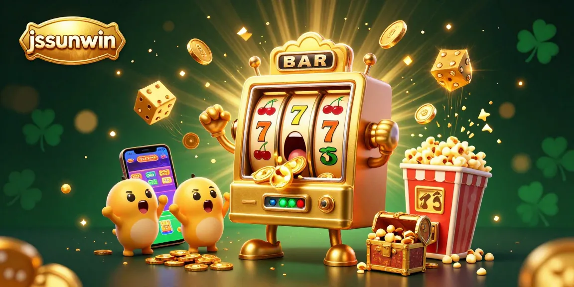 jssunwin showcases an animated slot machine celebrating a jackpot amidst flying coins and vibrant casino symbols.