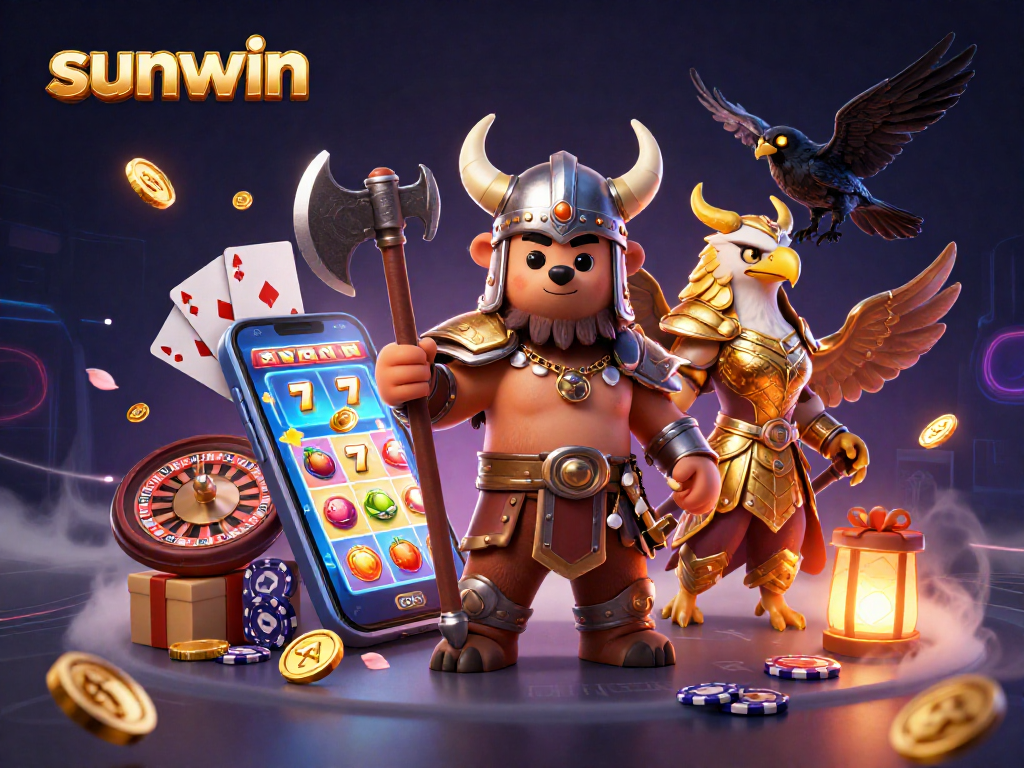 Engage with sunwin's captivating Viking-themed casino scene featuring dynamic gaming elements.
